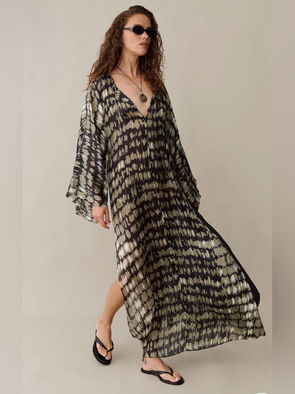 o.p.t Ramona 100% Silk Olive Brushstroke Maxi Coverup XS NWT Few Moda